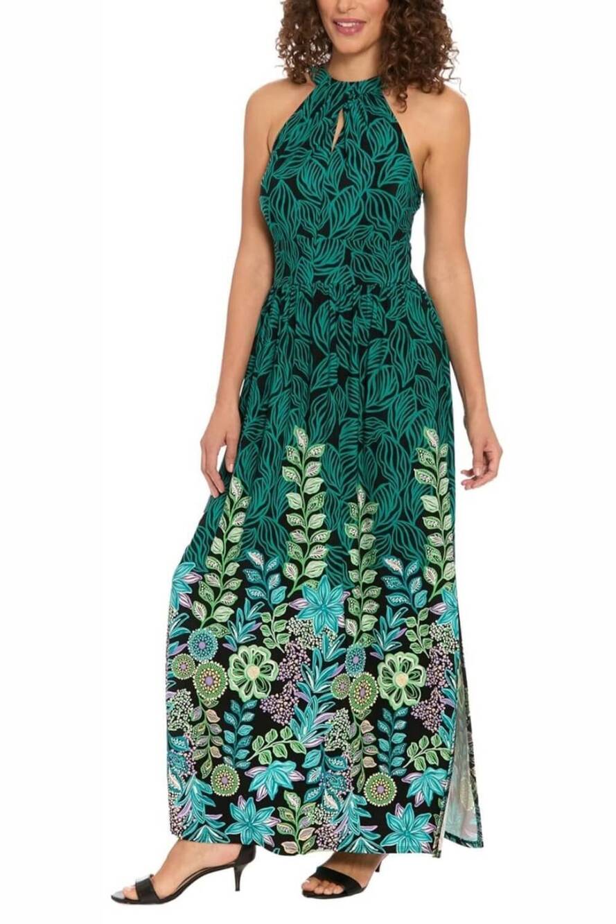 NEW LONDON TIMES multi print high neck maxi dress in black aqua